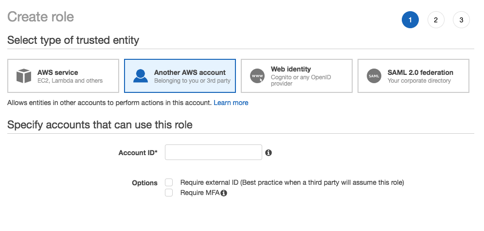 Create a new IAM role with the ‘other’ AWS account type